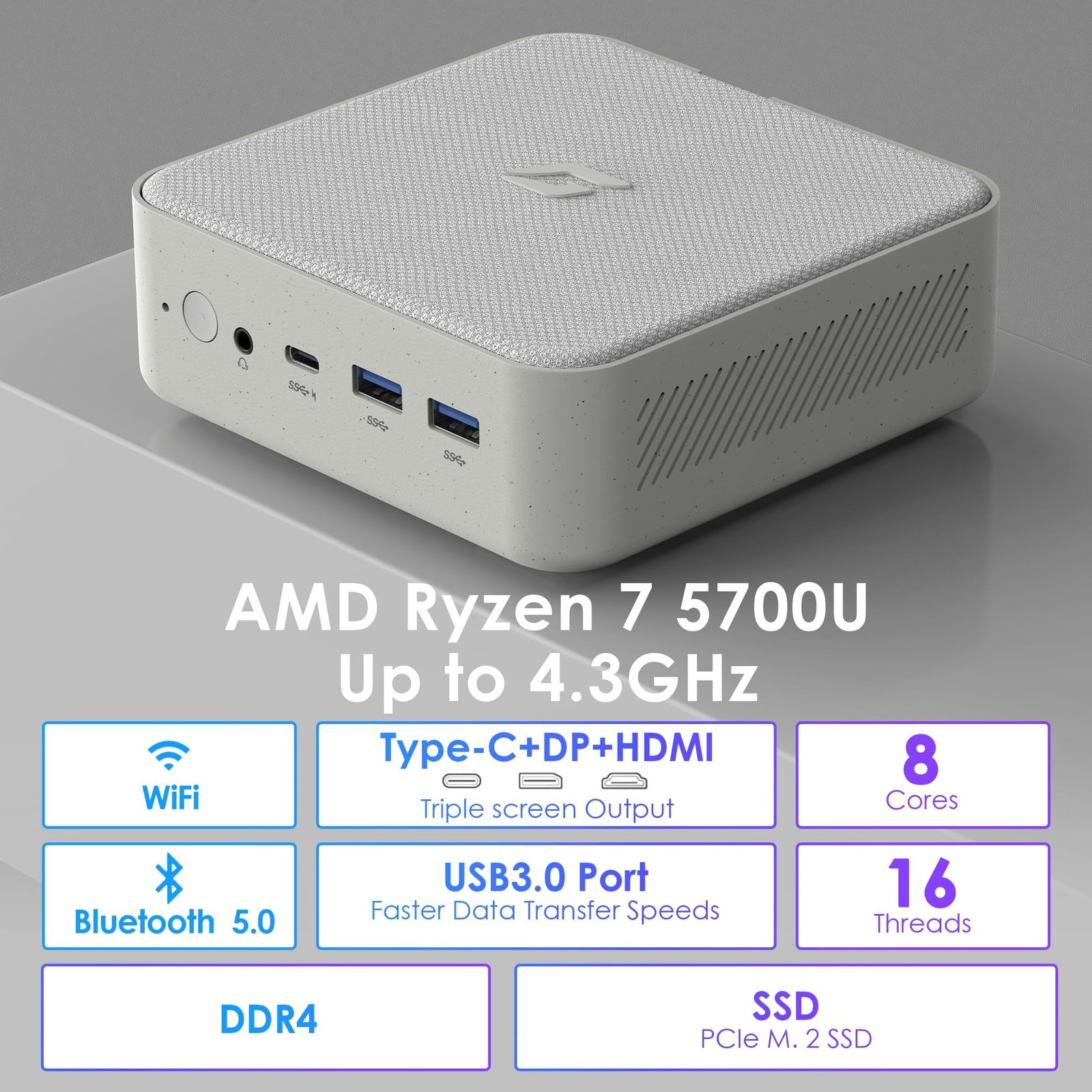 Mini PC Computers Gaming, AMD Ryzen 7 5700u (8C/16T,up to 4.3 GHz), Micro PC 64GB DDR4 RAM 2TB PCIe SSD, Small Desktop PC Supports 4K@60Hz/Triple Display/WiFi 5/BT5.0/HDMI+DP/Home/Office